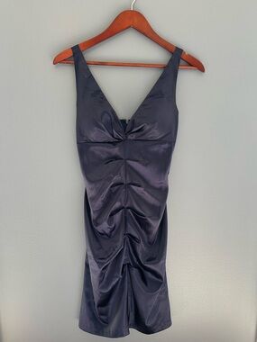 Elegant Plum Satin V-Neck Ruched Dress